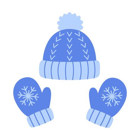 winter accessories set. blue knitted hat with pompom and blue mittens with white snowflake. flat style. for cold weather apparel, stickers, winter decor, festive graphics, seasonal clothing themesのイラスト素材