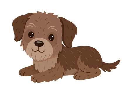 Cute brown puppy lying down. Simple colorful flat style illustration. Slovakian Pointer or Border Terrier, Yorkshire. For kids designs, stickers, pets themes, educational materials, animal graphics.のイラスト素材