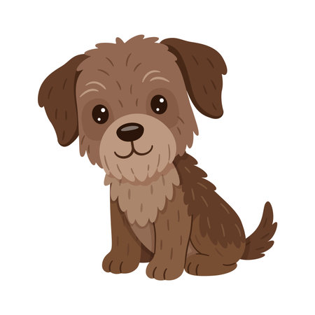 Friendly brown dog sitting sideways. Hand drawn flat style. Slovakian Pointer or Border Terrier, Yorkshire Terrier. For kids designs, stickers, pets themes, educational materials, animal graphics.のイラスト素材