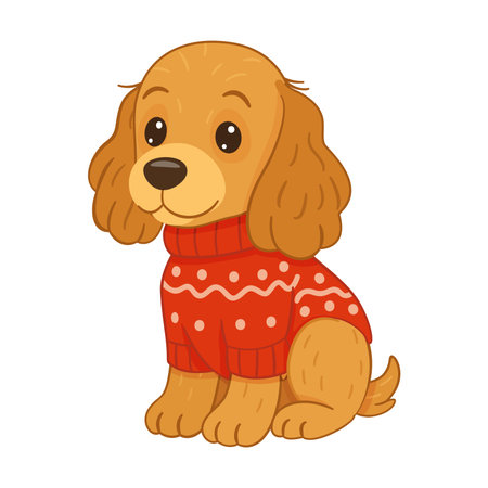 Cocker Spaniel sitting, dressed in festive red Christmas sweater with white pattern. Flat style vector illustration. Ideal for holiday greeting cards, winter pet themes, cozy seasonal graphics.のイラスト素材
