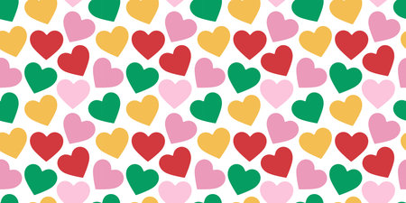 Seamless pattern with colorful hearts on white background. Romantic and playful flat design. For...