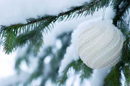 Christmas white shiny ball toy on the snow branch of a green tree. Glitter Christmas toy. Snow lies on the branches of fir tree. Christmas winter concept. Copy space for text, font, words. Top view の写真素材