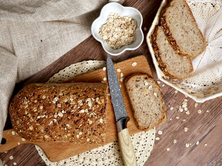 Wheat rye bread with oatmeal, sesame, soy, and linseed. Homemade bread sourdough.