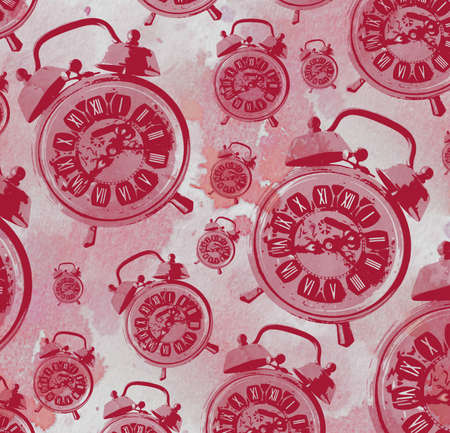 Pattern with vintage alarm clocks. Illustration showing the passage of time, hour, past, waiting....