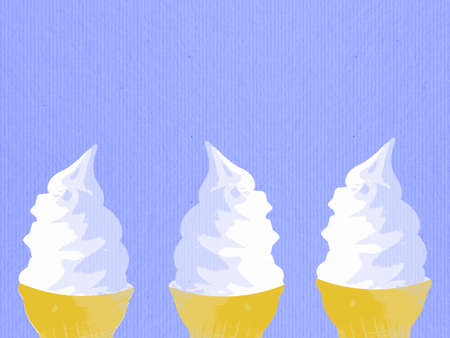 Three ice cream desserts in cones. Summer poster with space for slogan or text.の写真素材