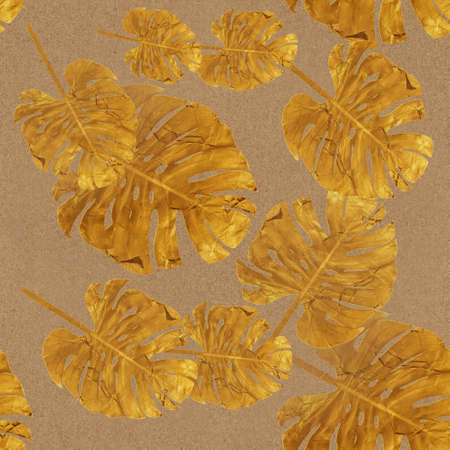 Seamless paper texture with golden leaves motif. Seamless pattern. Vintage style.の写真素材