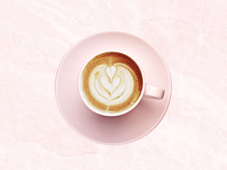 Cappuccino coffe latte art with heart.Top view. Valentine's Day motif in pink tones.の写真素材
