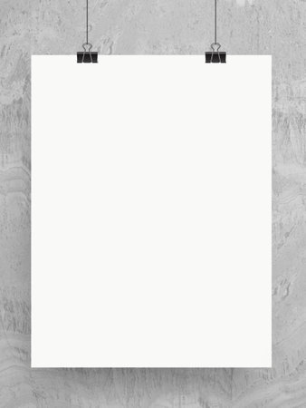 White poster on cement or travertine gray wall background. Gallery concept mock up. 3D rendering.