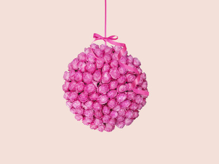 Hanging floristic decoration ball. Pink pink with satin ribbon. Feminine romantic style.の写真素材