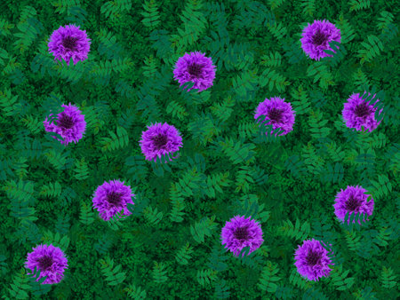 Green wall with blue cornflowers and fern leaves. Best for wedding design, wallpaper or background to the photo studio. Spring motifs.の写真素材