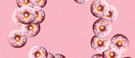 Sweet iced donuts with heart sprinkles on pink background. Place for text.の写真素材