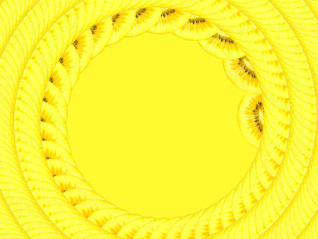 Fresh juicy golden kiwi fruits cut into slices on a yellow background. Food frame with place for text.の写真素材