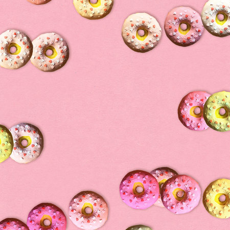 Sweet iced donuts with heart sprinkles on pink background.の写真素材