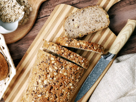 Homemade sourdough bread. Wheat rye bread with oatmeal, sesame, soy, and linseed.
