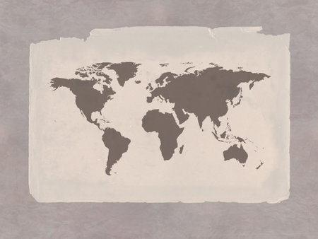 Watercolor background with world map motif. Brown banner or wallpaper.