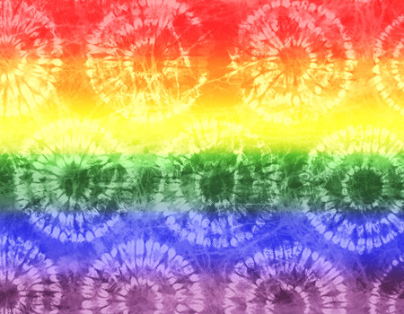 Colorful summer background with rainbow colors. Abstract dandelions pattern like batik or tie dye design. Watercolor on paper. Best for Pride Month.の写真素材