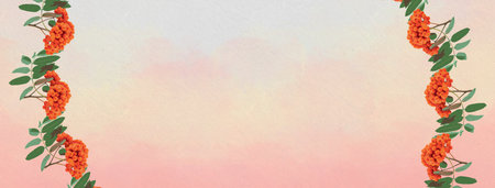 Autumn background with a rowan motif. Orange tones. Watercolor on paper.の写真素材