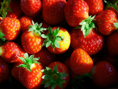Fresh organic strawberries from Poland. Juicy fruit and stalks in close-up.の写真素材