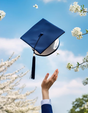 A woman's hand tossing her student cap in a gesture of joy at the completion of her education.