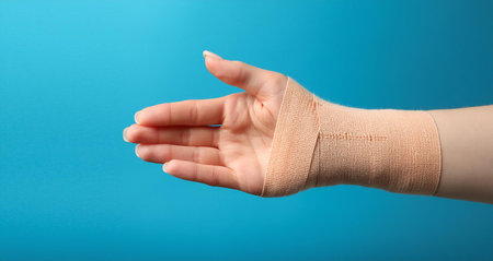 A woman's hand wrapped in a bandage. Injury, wound or burn.の写真素材