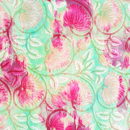 Colorful batik fabric with flowers and leaves motif. summer background in boho style.の写真素材