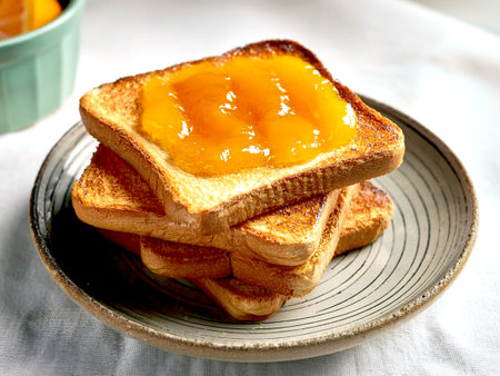 Toast with orange jam on a porcelain plate. Breakfast in the garden on a summer's day.の写真素材