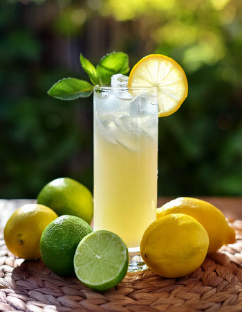 Refreshing lemonade in a tall glass on a summer day. Lemons and limes.の写真素材