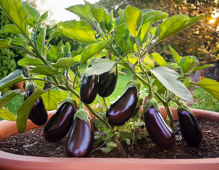 Eggplants in sunny day in garden. Close up.の写真素材