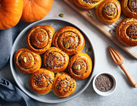 Homemade pumpkin rolls. healthy and soft with pumpkin pulp and pumpkin seeds and flaxseed. great food idea.の写真素材
