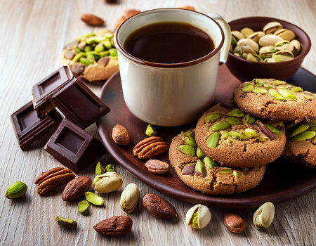 Black coffee, cookies, chocolate, pecans and pistachios.の写真素材