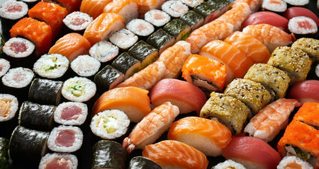 Sushi with fish - Nigiri and Futomaki. Tasty food with umami flavor. A great snack loved by everyone. Close-up of the detail.の写真素材