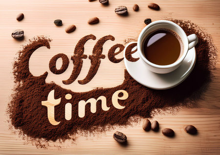 Wooden background with coffee beans and powder from ground coffee forming the words "coffee time".の写真素材