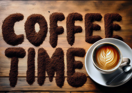 Wooden background with coffee beans and powder from ground coffee forming the words "coffee time".の写真素材