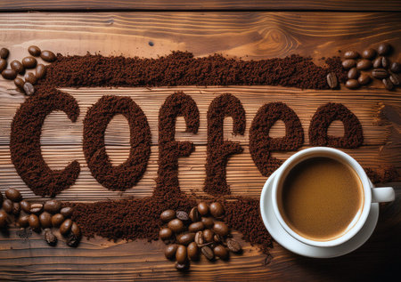 Wooden background with coffee beans and powder from ground coffee forming the words "coffee".の写真素材