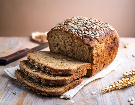 Bread with oatmeal and sunflower seeds and bread with flaxseed. Traditional sourdough rye bread.の写真素材