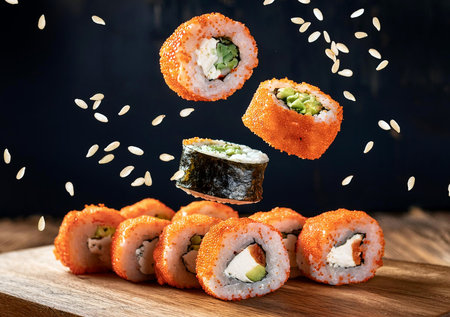 A beautifully arranged platter of sushi displayed on a rustic wooden cutting board, showing vibrant colors and textures.の写真素材