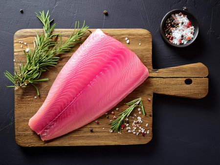 Pink tuna fish fillet on wooden cutting board, table top view. Uncooked fish steak.の写真素材
