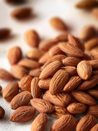 Group of dried almonds closeup view. Healthy vegan food. Selective focus. Macro detail.の写真素材