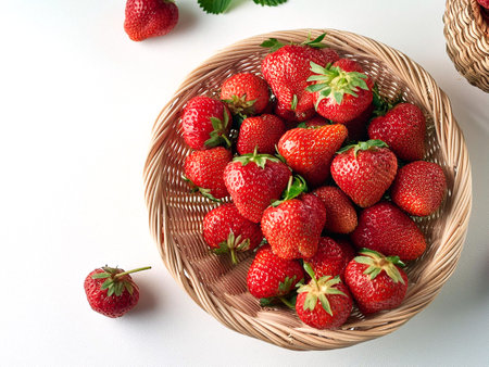A woven basket overflowing with fresh, ripe strawberries placed on a wooden table, showing their vibrant red color.の写真素材