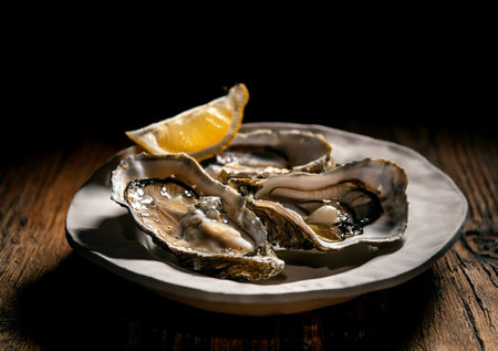 Oysters a delicious snack for seafood lovers.の写真素材