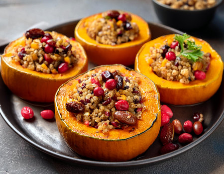 Roasted butternut squash rounds filled with a lightly spiced chestnut, quinoa and lentil stuffing scattered with dried cranberries. vegan, gluten-free and so wonderful.の写真素材