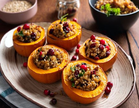 Roasted butternut squash rounds filled with a lightly spiced chestnut, quinoa and lentil stuffing scattered with dried cranberries. Vegan, gluten-free and so wonderful.の写真素材