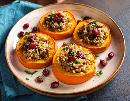 Roasted butternut squash rounds filled with a lightly spiced chestnut, quinoa and lentil stuffing scattered with dried cranberries. Vegan, gluten-free and so wonderful.の写真素材