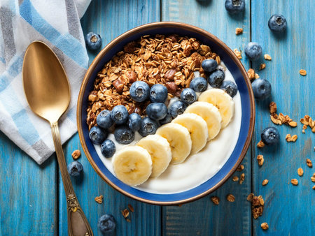 Simple rustic breakfast - yogurt granola bowl with blueberries, banana and chocolate. Top view.の写真素材