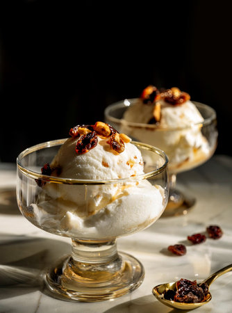 Homemade malaga ice cream with rum and raisins.