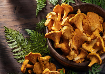 A fresh mushroom chanterelles displaying their natural textures and colors.の写真素材