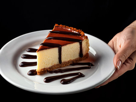 A single slice of cheesecake displayed on a white plate, emphasizing its creamy layers and appealing presentation.の写真素材