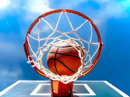 Close-up of a basketball going through a hoop on an outdoor court with a clear blue sky in the...