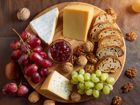 Big cheese board with appetizer assortment. Grape, cheese, nuts, jam and bread.の写真素材