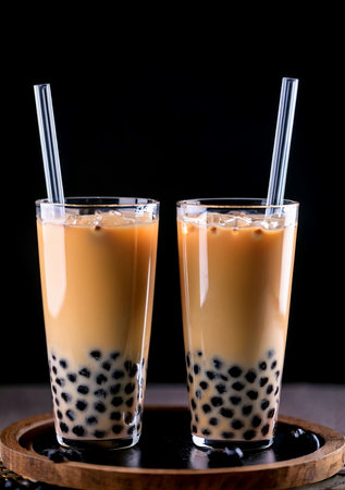 Two glasses of brown sugar bubble tea with chewy tapioca pearls and clear straws.の写真素材